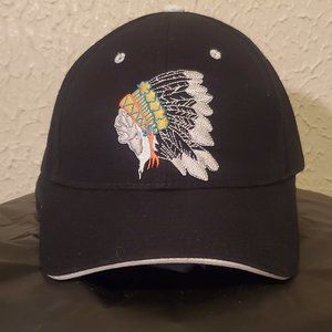 Trucker Snapback Black Hat with Embroidered Indian Head. Excellent Condition